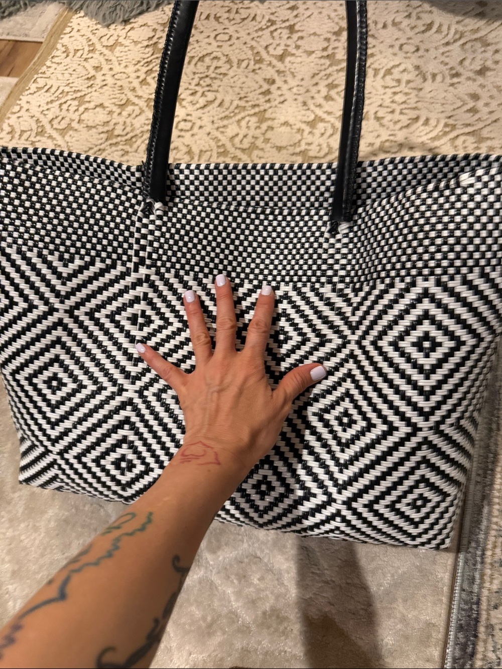 Black & White Geometric Tote Bag - Stylish Women's Carryall - Picture 5 of 5